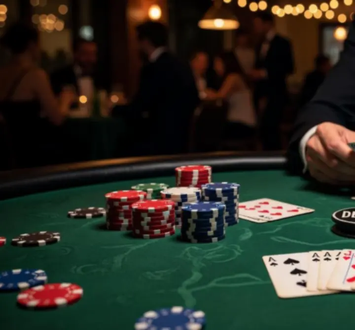 Profesjonalny stół pokerowy z krupierem i żetonami